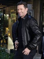 Hugh Jackman Plain Black Leather Bomber Jacket Closure Look