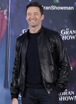 Hugh Jackman Plain Black Leather Bomber Jacket Front View