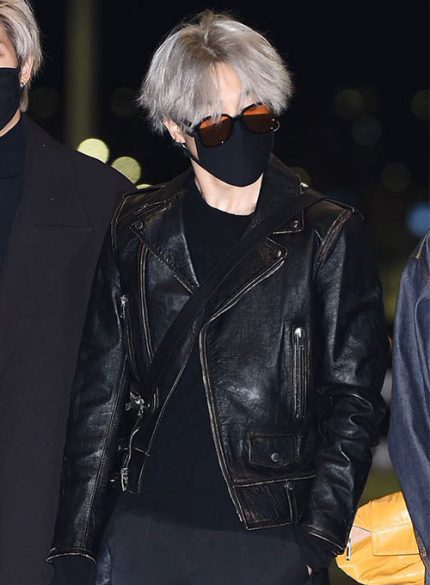 Jimin Mack Black Leather Biker Jacket Front View
