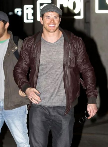 Kellan Lutz Dallis Brown Leather Hooded Jacket Closure Look