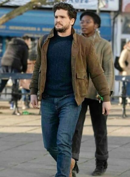 Kit Harington Stallon Brown Suede Leather Trucker Jacket Side View