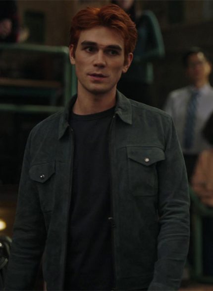 KJ Apa Olive Green Suede Leather Jacket Front View