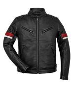 Men black Red Stripped Leather Jacket Front View