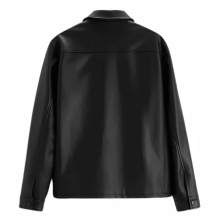 Men Black Shirt Collar Leather Jacket Back View