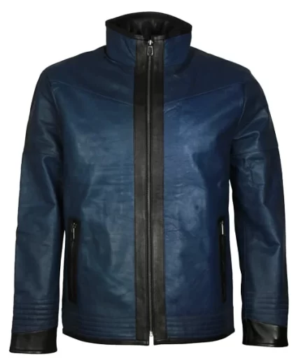 Blue Cafe Racer Biker Leather Jacket Front View