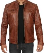 Men Brown Cafe Racer Leather Jacket Front View