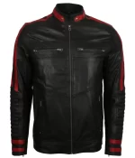 Men Black Red Cafe Racer Leather Jacket Front View