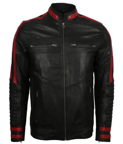 Men Black Red Cafe Racer Leather Jacket Front View