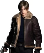Resident Evil 4 Leon Kennedy Bomber Brown Leather Jacket Front View