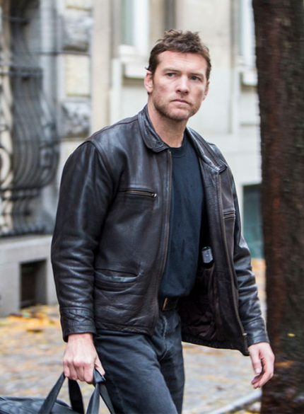 Sam Worthington Hunter Black Leather Bomber Jacket Side View