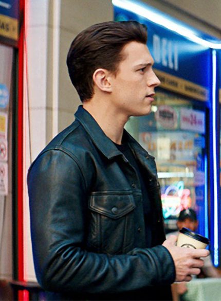 Tom Holland Black Leather Tucker Jacket Side View