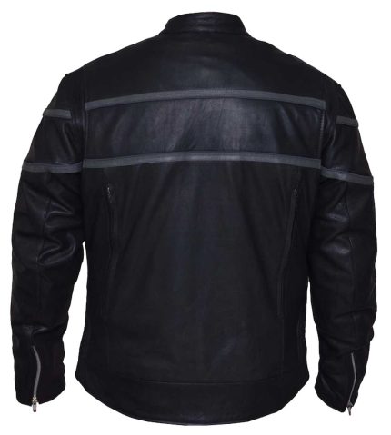 Men Black Premium Gray stripped Leather Jacket Back View