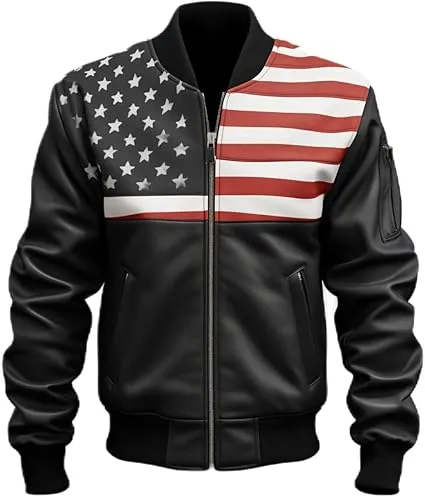 Lightweight Men Varsity Leather Jacket with American Flag Front View