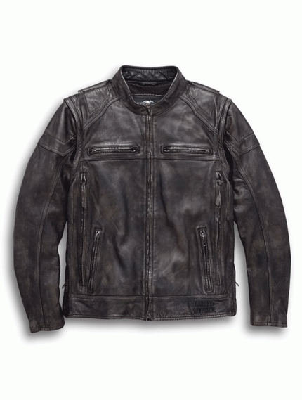 Men Dauntless Convertible Grey Leather Jacket Front View