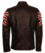 Men UK Flag Vintage Cafe Racer Brown Leather Jacket Back View