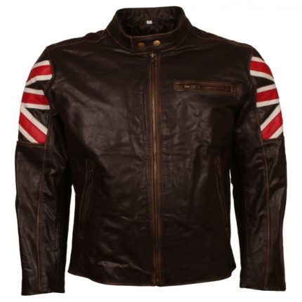 Men UK Flag Vintage Cafe Racer Brown Leather Jacket Front View