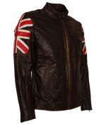 Men UK Flag Vintage Cafe Racer Brown Leather Jacket Side View
