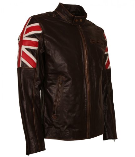 Men UK Flag Vintage Cafe Racer Brown Leather Jacket Side View
