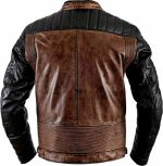 Men Vintage Biker Distressed Brown Leather Jacket Back View
