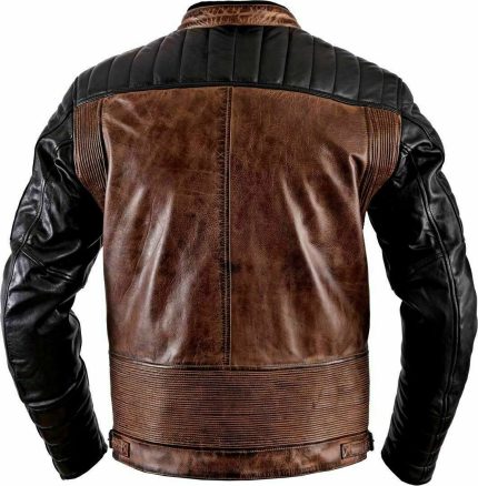 Men Vintage Biker Distressed Brown Leather Jacket Back View
