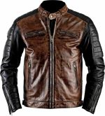 Men Vintage Biker Distressed Brown Leather Jacket Front View