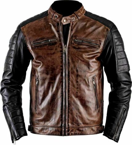 Men Vintage Biker Distressed Brown Leather Jacket Front View