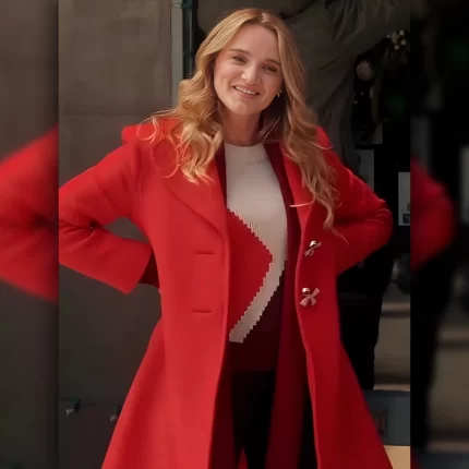 A Chiefs Love Story Alana Higman Red Wool Coat Front ViewRed wool coat with cinematic elegance