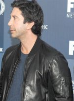 David Schwimmer Black Bomber Leather Jacket Closure Look