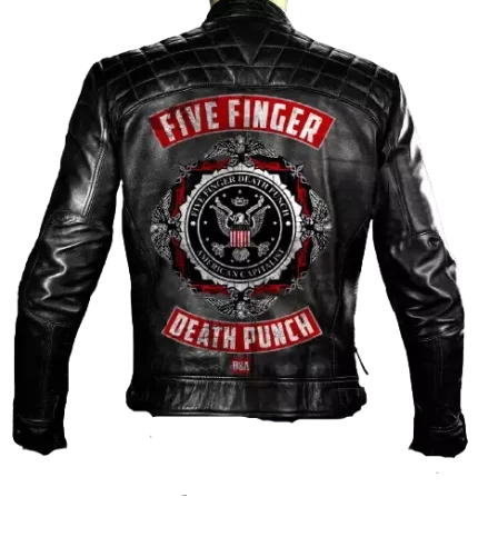 Death Punch Black Leather Biker Jacket Back View