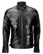 Death Punch Black Leather Biker Jacket Front View