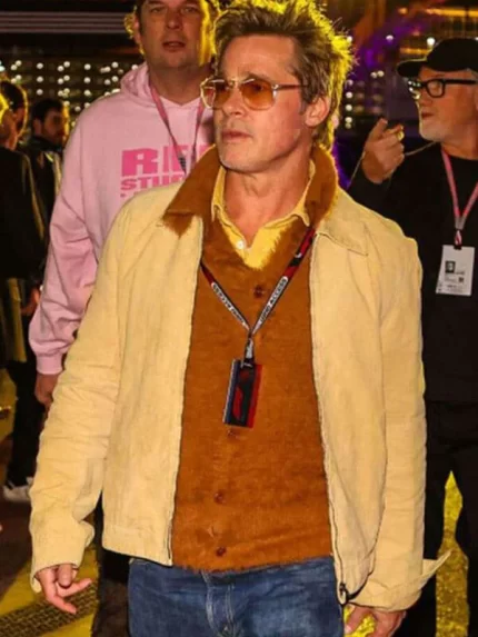 F1 2025 Brad Pitt Tan Brown Cotton Fur Jacket Front View