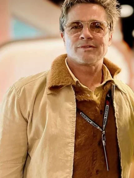 F1 2025 Brad Pitt Tan Brown Cotton Fur Jacket Closeup Details
