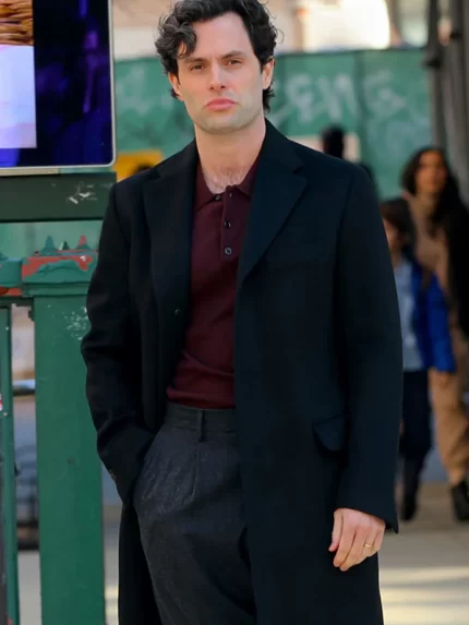 Joe Goldberg Black Wool Trench Coat Closeup Details