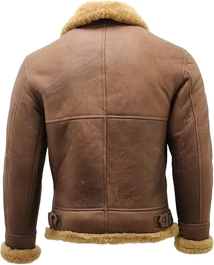men brown shearling leather jacket back view