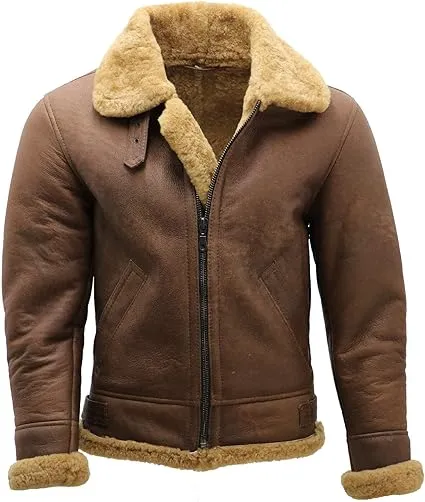 men brown shearling leather jacket front view