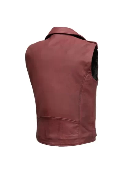 Men Red Motorcycle Biker Leather Vest Back View