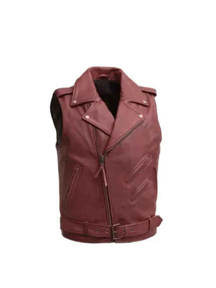 Men Red Motorcycle Biker Leather Vest Front View