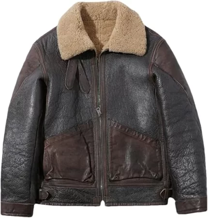 men vintage dark brown shearling leather jacket front view