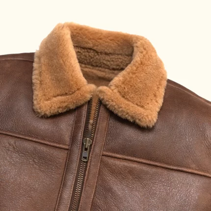 Men Brown Leather Bomber Jacket closeup details