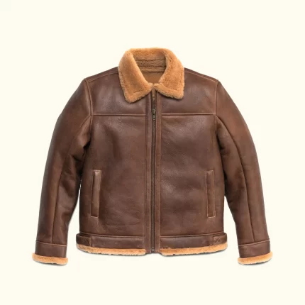 Men Brown Leather Bomber Jacket front view