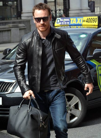 Michael Fassbender Dean Black Leather Jacket Closure Look
