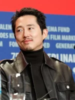 Mickey 17 2025 Steven Yeun Black Leather Trucker Jacket Closeup Details