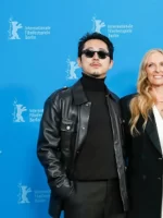 Mickey 17 2025 Steven Yeun Black Leather Trucker Jacket Side View