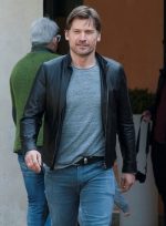 Nikolaj Coster-Waldau Black Bomber Leather Jacket Closure Look