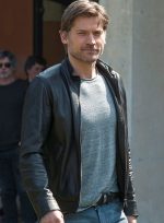 Nikolaj Coster-Waldau Black Bomber Leather Jacket Side View