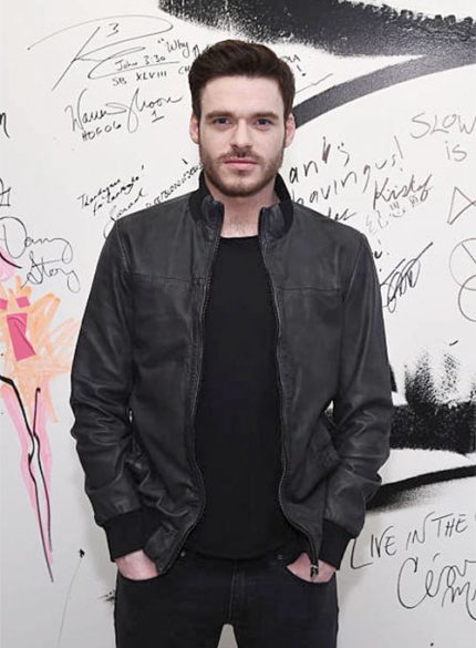 Richard Madden Black Bomber Leather Jacket Side View