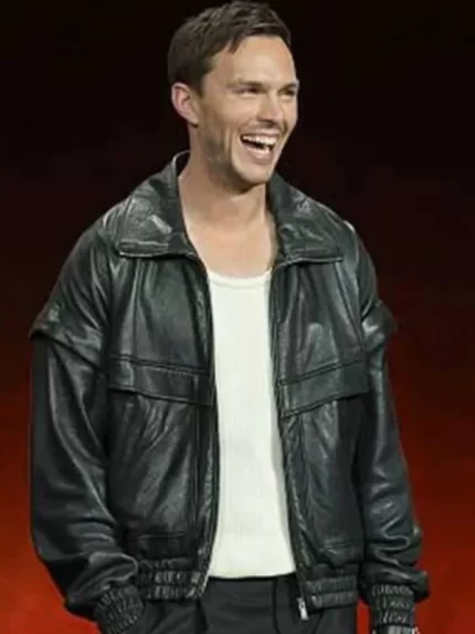 Superman 2025 Nicholas Hoult Black Leather Bomber Jacket Side View