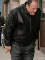 The Sopranos James Gandolfini Black Leather Bomber Jacket In Motion