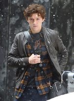 Tom Holland Dark Brown Bomber Leather Jacket Front View