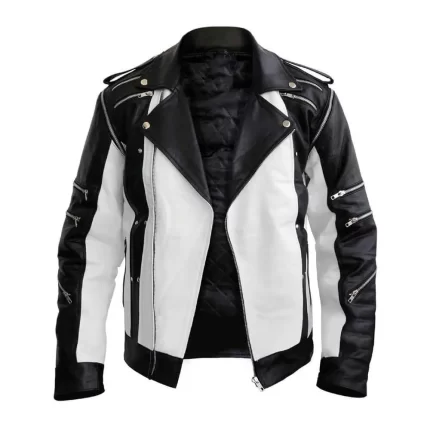 Vintage Black and White Biker Leather Jacket Front View